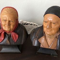 Pair of Large Vintage Hans Huggler-Wyss Polychrome Decorated Carved Wooden Large Busts of a Man and a Woman