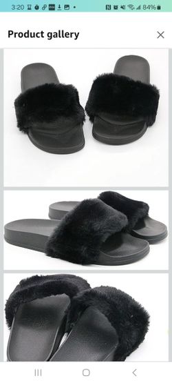 Women's Black Faux Fur Slippers – Size 6 – Cozy Winter Furry Slides

