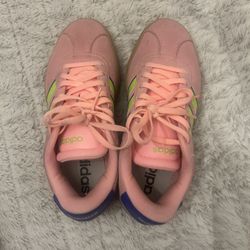 Platformed pink adidas with neon stripes 