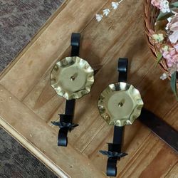 Vintage Cast Iron Brass Shield Wall Hanging Candle Holders