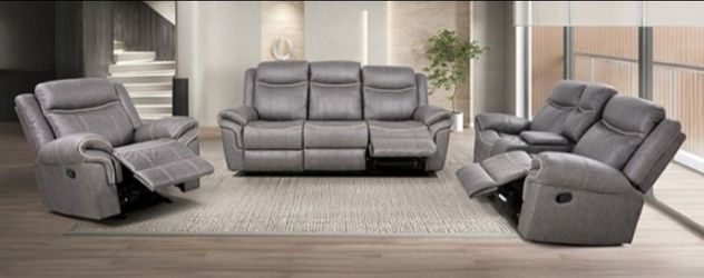 Brand New Grey Super Plush Leather 3pc Reclining Sofa Set