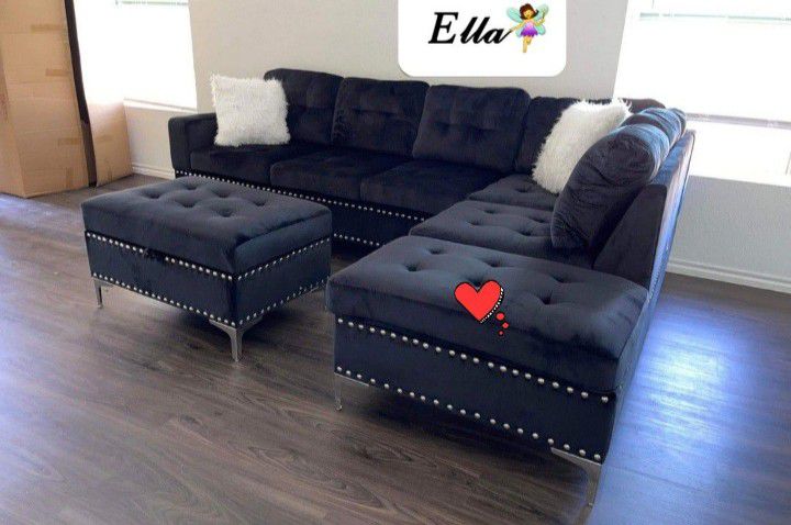 NEW BLACK VELVET SECTIONAL WITH OTTOMAN AND FREE DELIVERY 