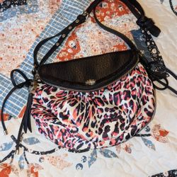 Juicy Couture Black Faux Leather & Animal Print Crossbody Mini Traveler Bag
