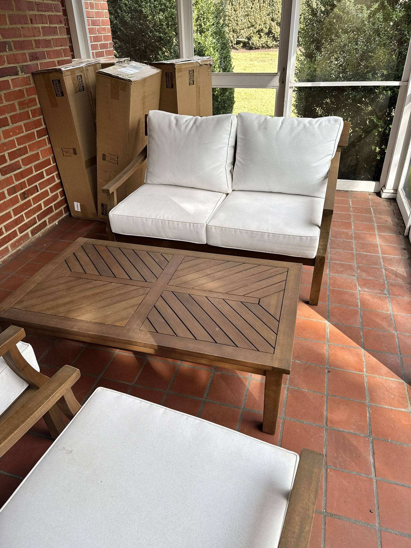Hampton Bay Woodford 4-Piece Eucalyptus Wood Patio Conversation Set with Cushion