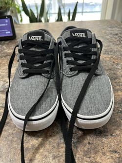 Vans Atwood Deluxe men's low-top skate shoe sneakers in a grey textile upper with black laces and a white vulcanized sole tennis shoes men 8.5