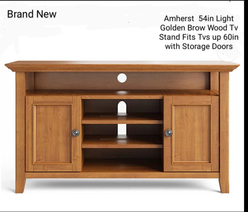 Brand New Amherst 54 in Light Golden Brown Wood TV Stand Fits TVs Up 60" With Storage Doors