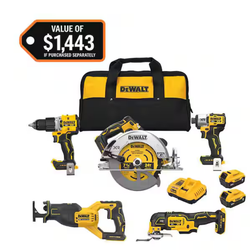 DEWALT 20V MAX Brushless 5-Tool Combo Kit — (2) 5.0Ah Batteries, Charger & Bag — NEW