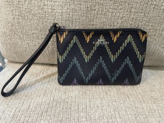 Coach Black Multicolor Zigzag Print Zip Wristlet Pouch Wallet w/ Strap