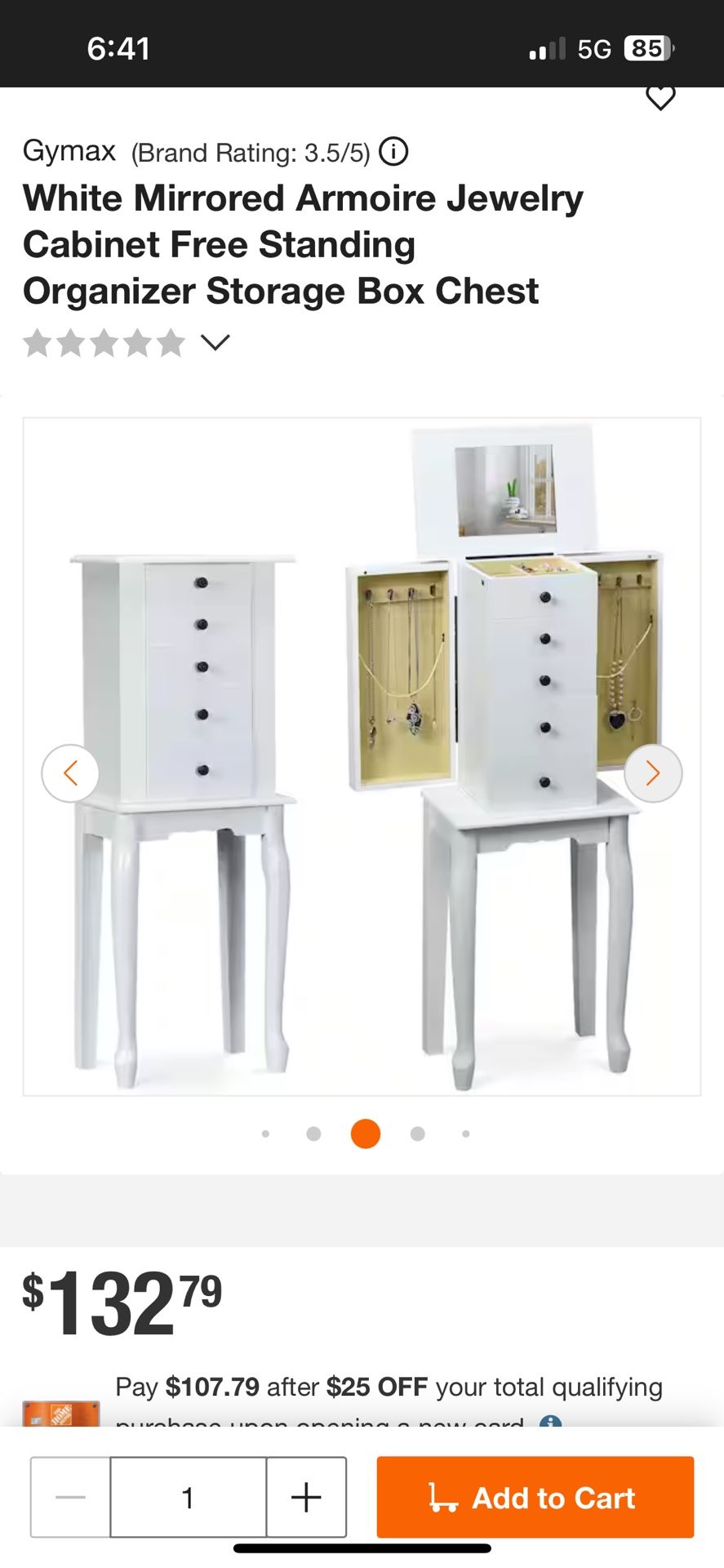 White Mirrored Armoire Jewelry Cabinet Free Standing Organizer Storage