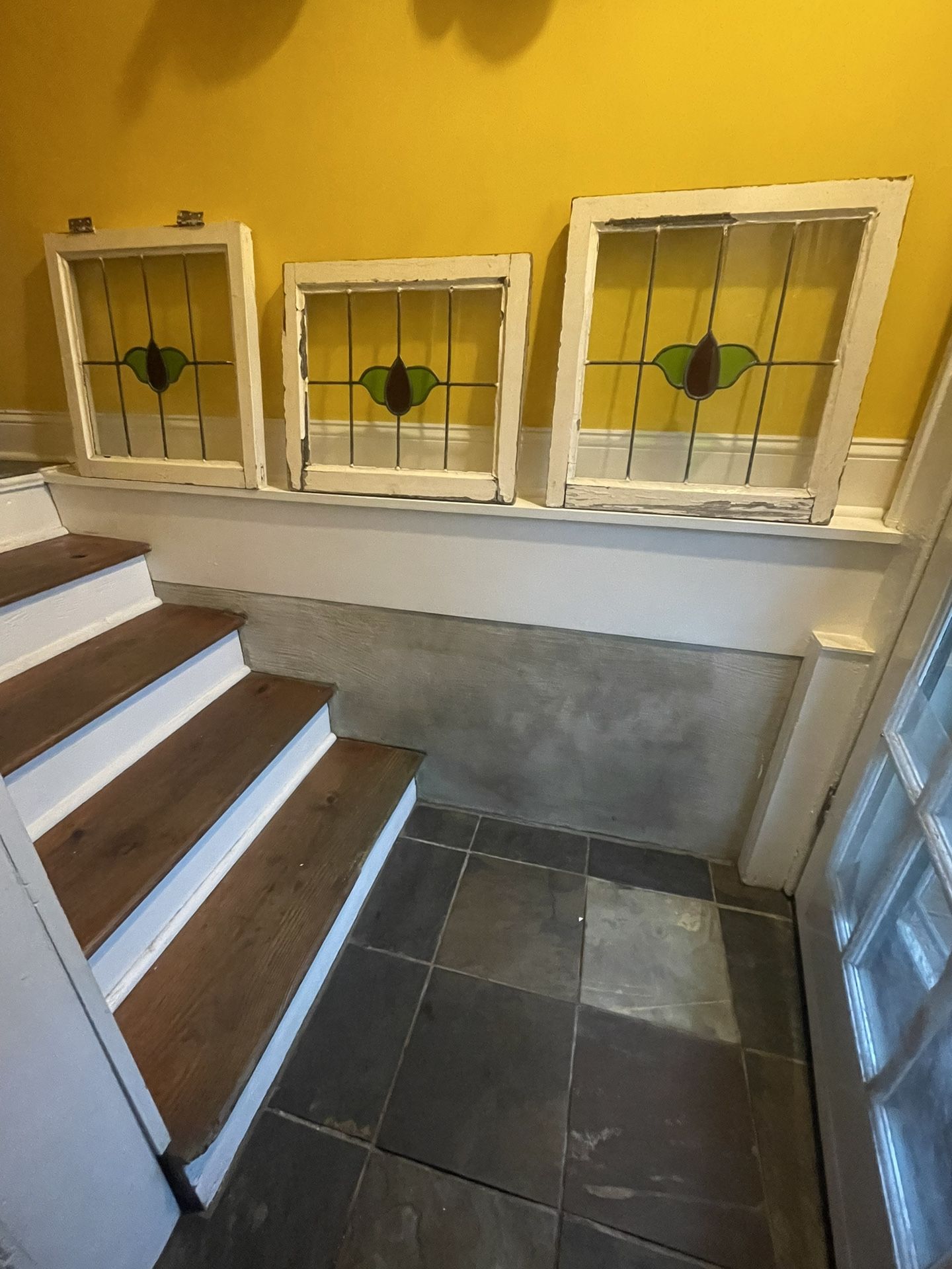 3 Matching Antique Stained Glass Windows.