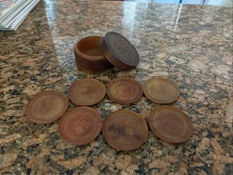 7 Japan Japanese Wood Coasters in Round Box with Lid Carved Mt Fuji Showa reign