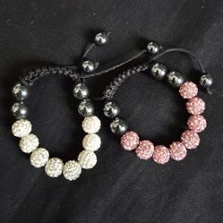 2 Shamballa Sparkly Ball Bracelet PinkWhite Hematite Beads Adjustable Cord 