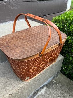 Vintage Wicker Picnic Basket (Red Man) Wood Lid Metal Handles
