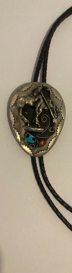 Vintage Metal Bolo Tie, Nice Silver and Turquoise, Cowboy End of the Trail, Nice Design, Quality, Heavy Duty, 2 1/2" x 2", Country & Western, Cowboy, 