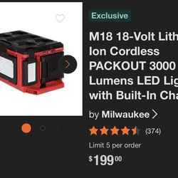 M18 18-Volt Lithium-Ion Cordless PACKOUT 3000 Lumens LED Light with Built-In Charger