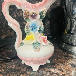 Vintage Ceramic Pitcher Vase Luster Ware Flowers Glazed Footed 