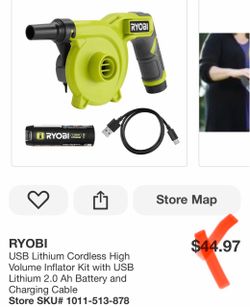 RYOBI USB Lithium Cordless High Volume Inflator Kit with USB Lithium 2.0 Ah Battery and Charging Cable