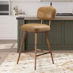 Leather Swivel Bar Stools Set of 2, Mid Century Counter Height Bar Chairs with Low Back and Metal Legs, Modern Bar Stool Chair for Kitchen Island, Bro