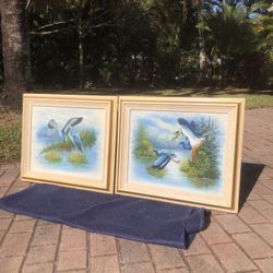 Oil Paintings On Canvas Signed By Artist Blue Heron - PAIR