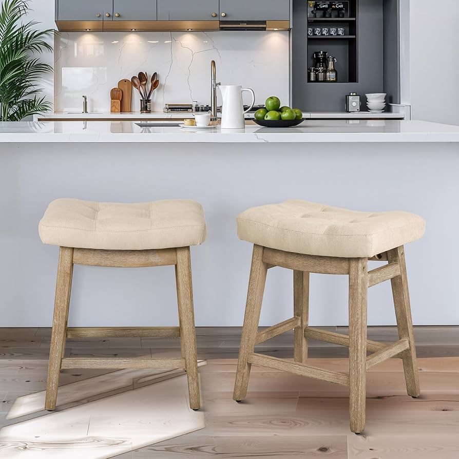 Bar Stools Set of 2 for Kitchen Counter Island Counter Height Farmhouse Modern Barstools with Upholstered Fabric Backless Seat and Solid Wood Legs 24