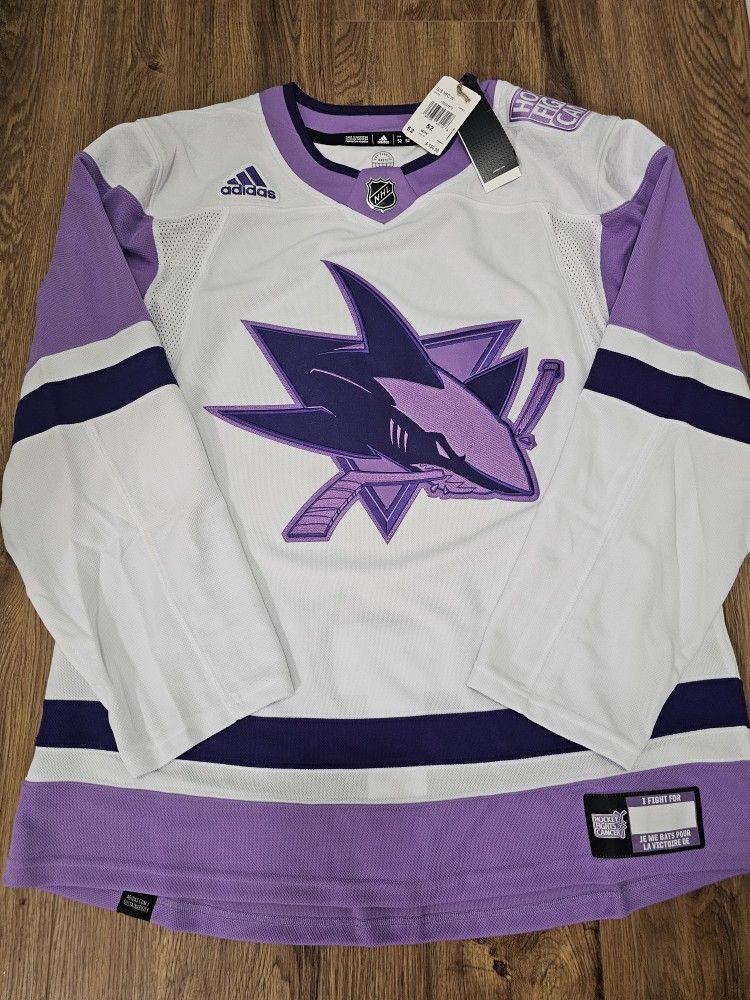 New Adidas San Jose Sharks Mens Hockey Fights Cancer Primegreen Jersey Sizes 52 Or 54