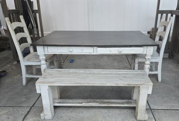 Distressed Farmhouse Dinning Set Table 2 Chairs And Bench
