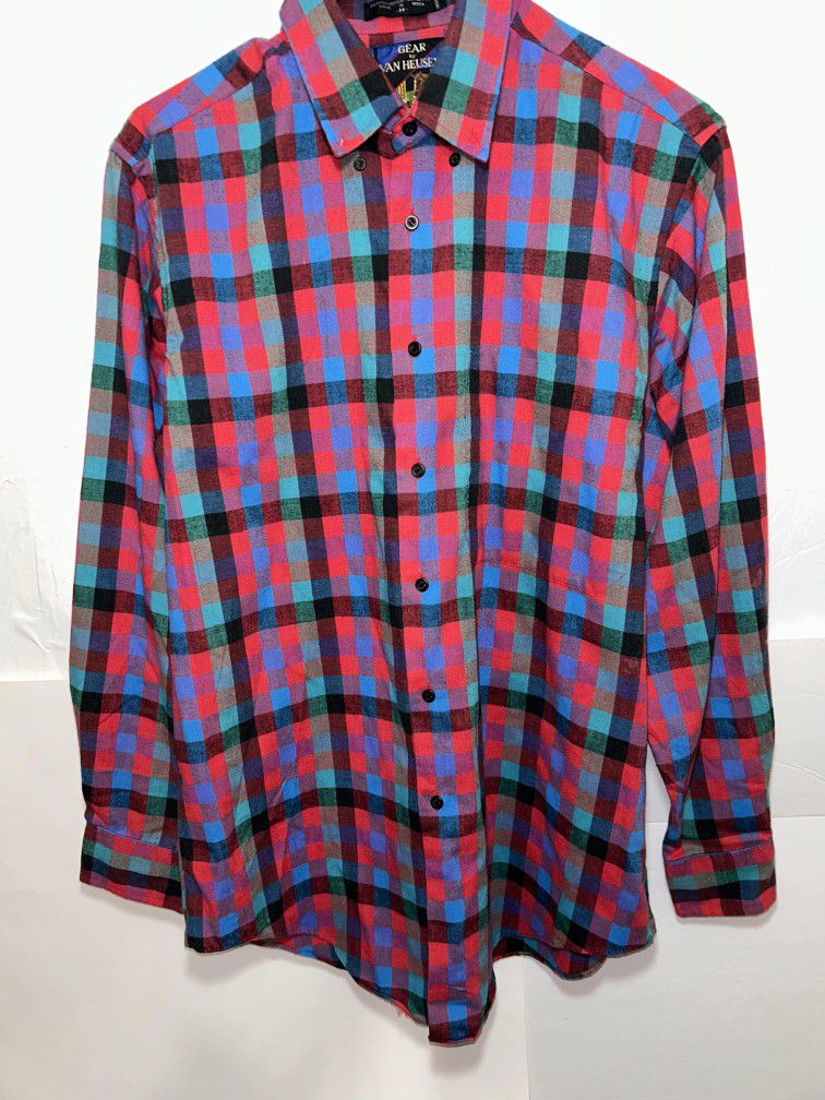 Vintage Gear by Van Heusen Mens Medium Red Multicolor Plaid Button Up Shirt