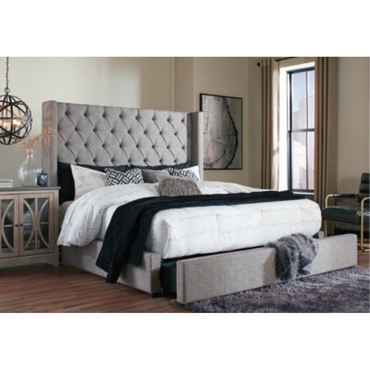 Upholstered Queen Bed Frame With A Large Drawer