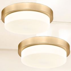 Set Of 2 LED Gold Flush Mount Ceiling Light, 13inch Close to Ceiling Light Fixtures 24W 2200lm Dimmable 5 CCT Brass With Milky Glass Shade
