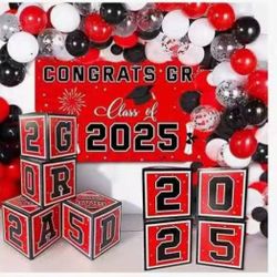 Graduation Decorations Class of 2025 – Black, Red & White | 2025 GRAD Balloon Boxes with Letters, Balloon Garland Kit, Congrats Grad Backdrop, Graduat