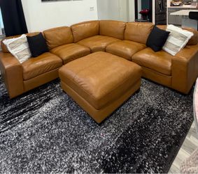 Caramel Leather Sectional Sofa with Ottoman