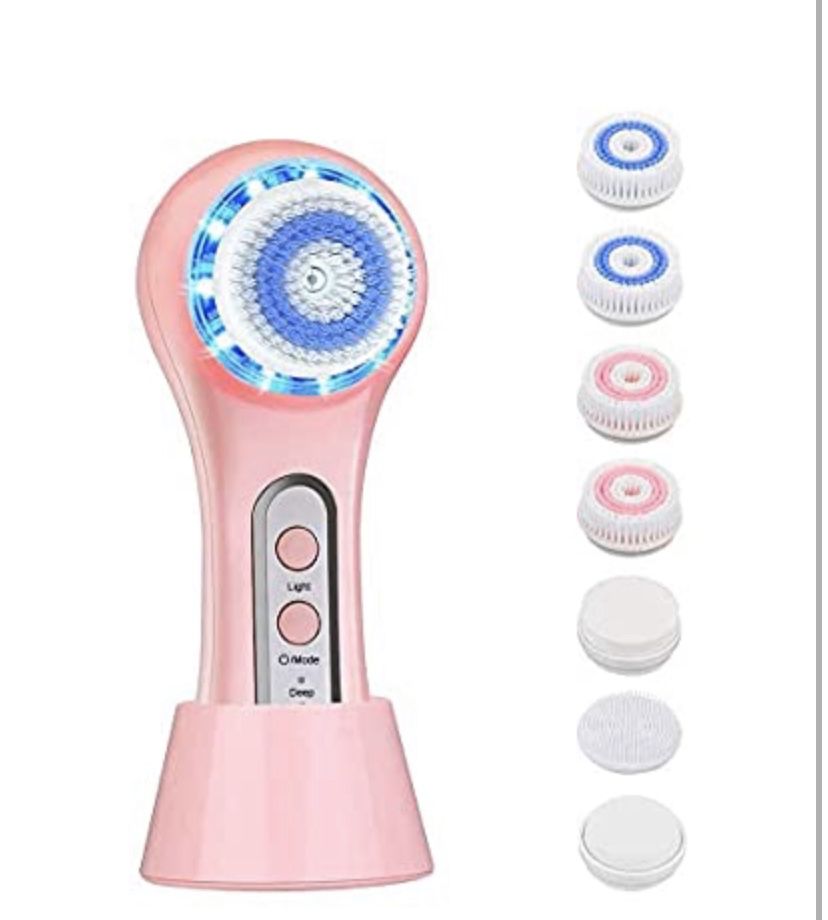 Facial Cleansing Brush - GEEKHOM Rechargeable Electric Face Cleansing Brush Red/Blue Light with 7 Brush Heads for Deep Cleansing, Gentle Exfoliating,