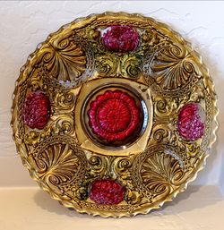 ANTIQUE *GOOFUS GLASS PLATE PLATTER * DAHLIA PATTERN INDIANA GLASS Red and Gold
