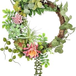 Beinhome 16 inch Spring Succulent Wreath for Front Door,Artificial Multicolor Succulent Summer Wreaths All Season Door Wreath for Wall and Home Decora