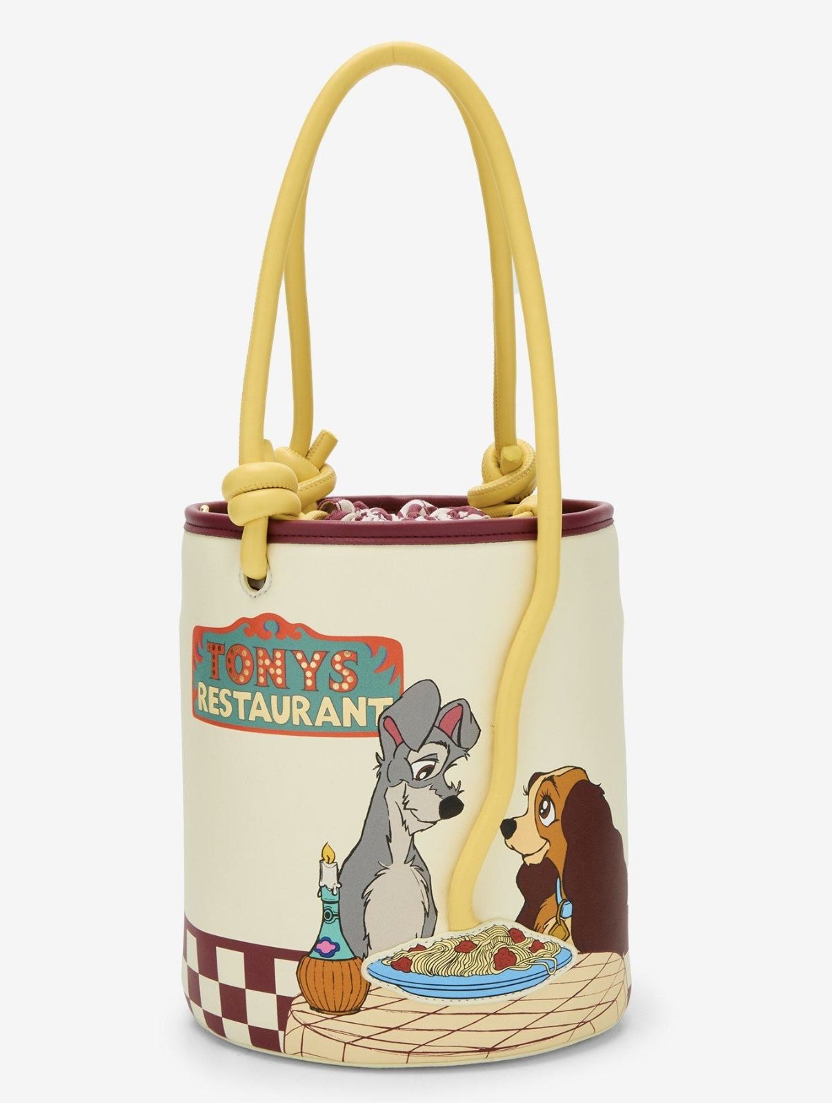 New Disney Lady and the Tramp Crossbody Purse Drawstring Closure Tony's Restaurant Spaghetti