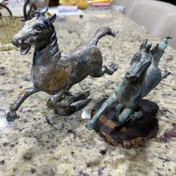 Bronze Verdigris Chinese Tang Horse Sculptures Set Of 2