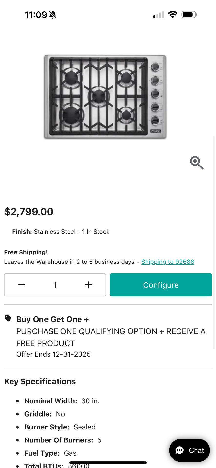 Viking 5 Burner Stovetop