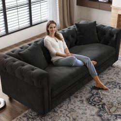 82 Inch Chesterfield Sofa Velvet Couch Button Tufted Loveseat Sofa with Rolled Arms, Extra Deep Seating, 2 Throw Pillows