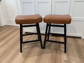 Bar Stools Set of 2, Faux Leather 24 Inch Backless BarStools with 4" Thick Seats, Brown