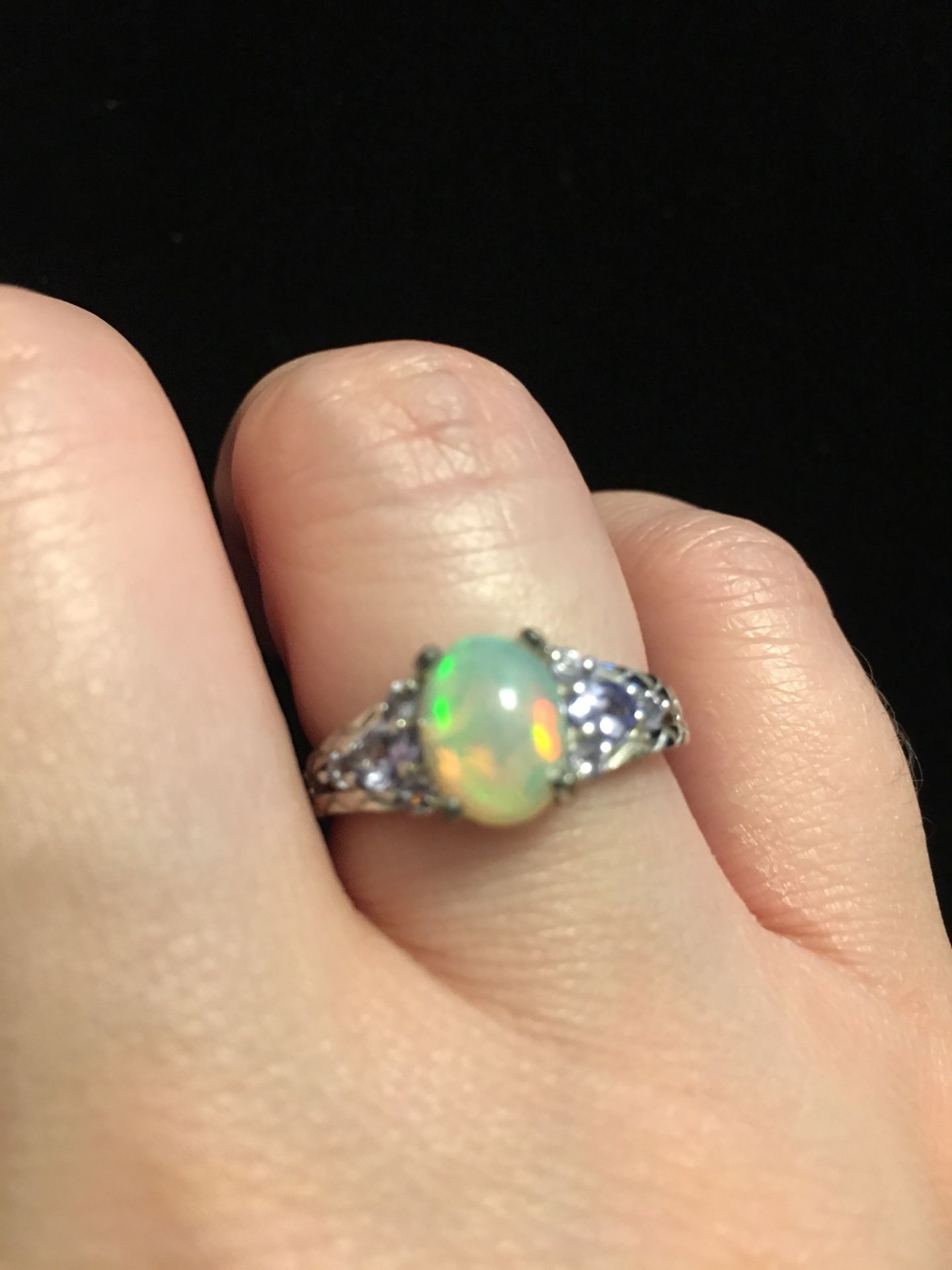Opal and Tanzanite silver ring size 8
