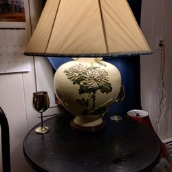 Vintage Style Table Lamp/Carved Floral Motifs And Fabric Shade