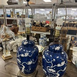 Pair of Vintage Blue and White Cherry Blossom Asian Lamp - 32” T