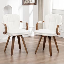 Swivel Dining Chairs Set of 2 Mid Century Modern White Faux Leather Upholstered Kitchen Chairs with Bentwood Frame Armrests Side Chairs,Comfortable Er