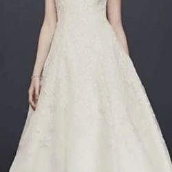 Oleg Cassini Cap Sleeve Illusion Ivory Tea Length Wedding Dress