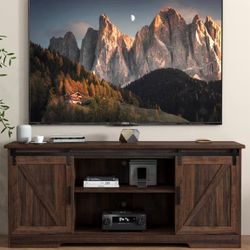 Farmhouse 65" TV Stand, Modern TV Stand Brown, Entertainment Center with Storage Cabinet, Sliding Barn Door Media Cabinet (Brown)