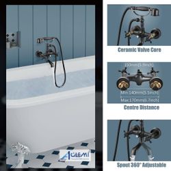 Aolemi Bathtub Faucet with Hand Shower Oil Rubbed Bronze Wall Mount Tub Spout Double Cross Handle Mixer Tap Victoria Vintage Telephone Shape Shower Se