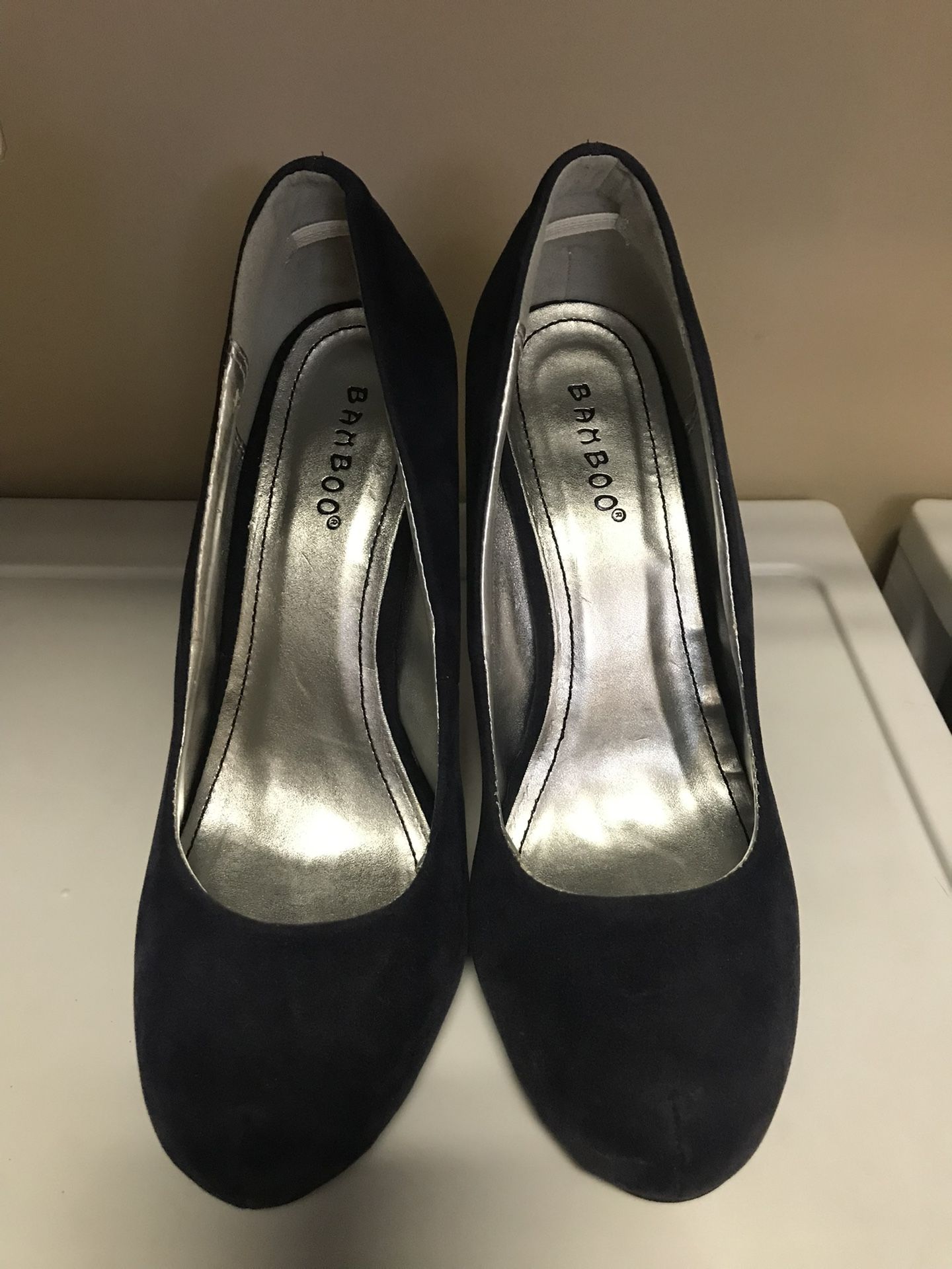 Dark Blue Faux Suede Pumps, Size 7