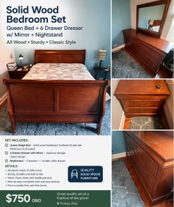 Solid Wood Queen Bedroom Set – Bed, Dresser w/ Mirror & Nightstand