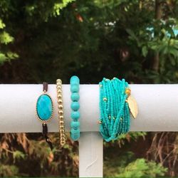 Stretch Gold Bracelet, Cha , Beaded, Bohemian , Bracelet Set, Turquoise Bracelet, Genuine Healing Stone, Sliding Knot, Handmade, Adjustable