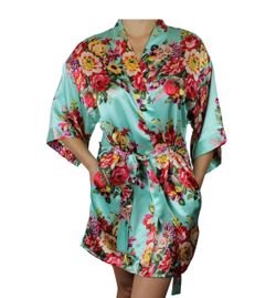 Wedding wear: Mis Lovely Women’s Floral Satin Kimono Short Robe. Floral Satin Kimono Robe in Mint with Rose Print  for bridesmaids.